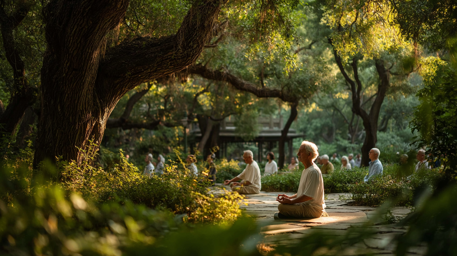 Grup de seniori practicând yoga în natură