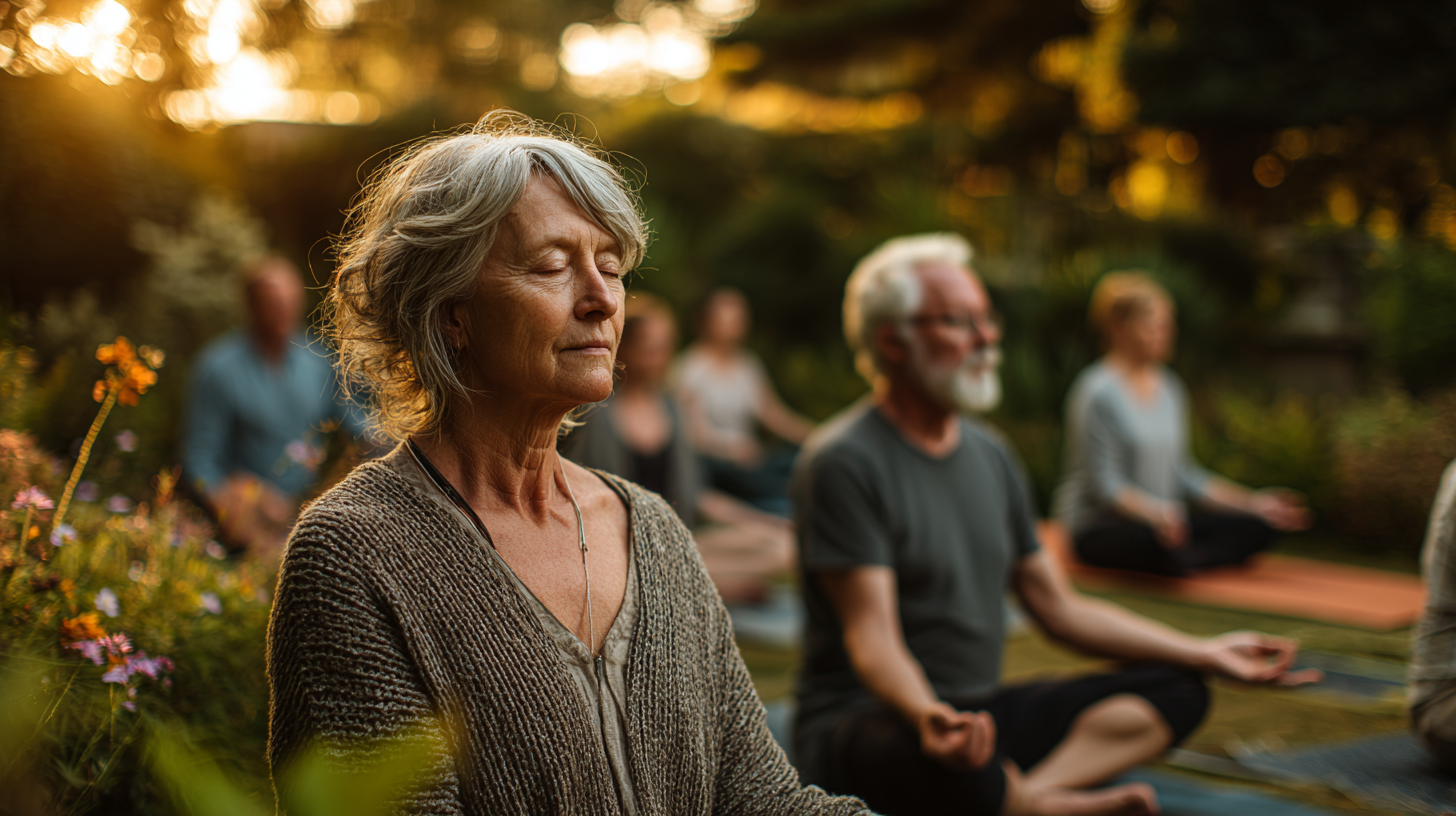 Senior practicând yoga pe plajă la apus